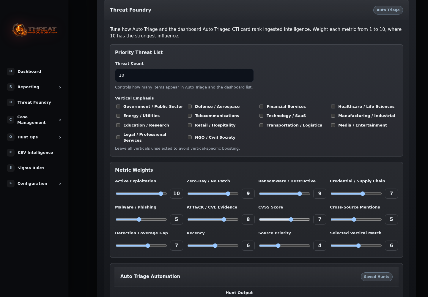 Threat Foundry configuration and integrations page